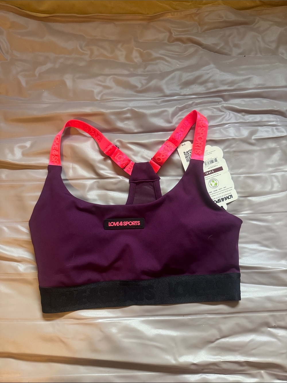 Love & Sports Plum Sports Bra with Neon Pink Straps. Plum and black Small NWT